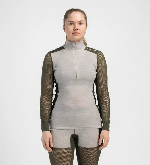 WoolNet Hybrid mockneck W's Beige Melange /Olive Night/Jet Black L 