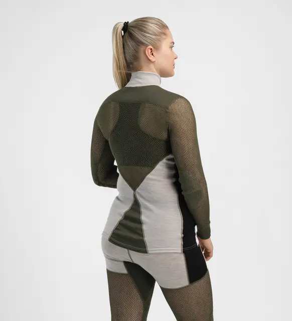 WoolNet Hybrid mockneck W's Beige Melange /Olive Night/Jet Black L 