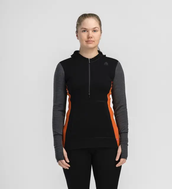 WarmWool hoodsweater w/zip W's Jet Black/Marengo/Gold Flame S 