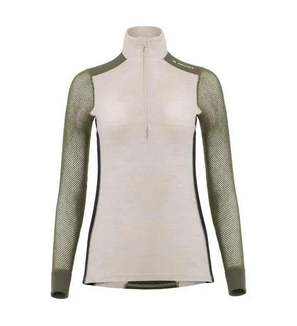 WoolNet Hybrid mockneck W's Beige Melange /Olive Night/Jet Black L 